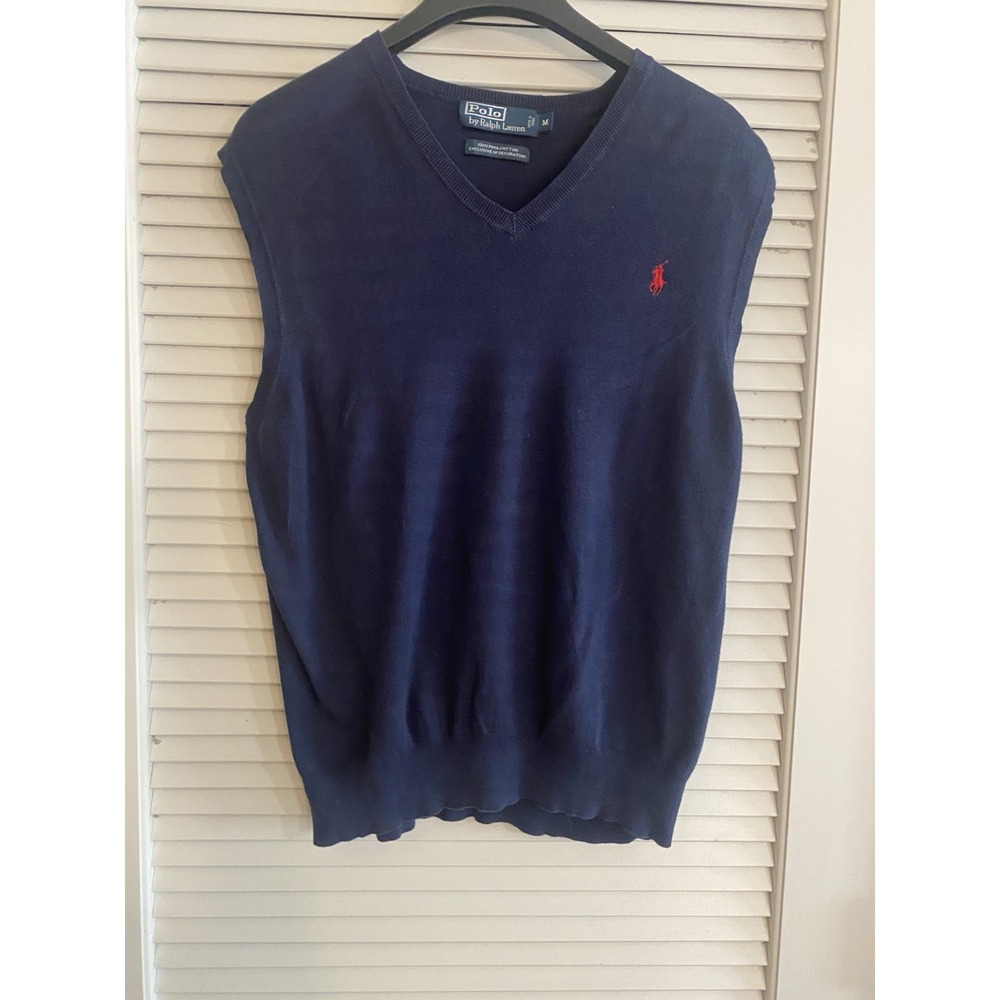 Vintage Polo Ralph Lauren Sweater Vest Mens Med. Navy Blue Cotton V Neck Casual